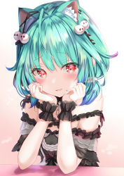 Rule 34 | 1girl, animal ear fluff, animal ears, aqua hair, black dress, blue hair, blush, cat ears, commentary, dress, gradient hair, hair ornament, hands on own cheeks, hands on own face, head rest, highres, hololive, looking at viewer, medium hair, multicolored hair, off-shoulder dress, off shoulder, red eyes, skull hair ornament, smile, solo, two-tone hair, uruha rushia, uruha rushia (3rd costume), virtual youtuber, wrist cuffs, yuano