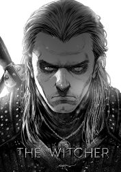 Rule 34 | 1boy, animification, copyright name, frown, geralt of rivia, greyscale, hair behind ear, highres, jewelry, logo, looking at viewer, male focus, medium hair, monochrome, necklace, portrait, santa fung, signature, solo, straight-on, sword, the witcher (netflix), the witcher (series), v-shaped eyebrows, weapon, weapon on back, white background