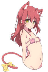 Rule 34 | 1girl, :p, animal ear fluff, animal ears, bikini, bikini top only, bocchi the rock!, bow, breasts, cat ears, cat girl, cat tail, eyepatch bikini, green eyes, highres, kemonomimi mode, kita ikuyo, long hair, looking at viewer, mel (melty pot), navel, pink bikini, polka dot, polka dot bow, simple background, small breasts, solo, swimsuit, tail, tail bow, tail ornament, tongue, tongue out, white background, yellow bow