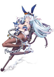 Rule 34 | 1girl, animal ears, ass, ayaki, bare shoulders, blue gloves, blue hair, breasts, candy, chain, colored eyelashes, dated, fake animal ears, food, from behind, gloves, hat, high heels, highres, jitome, jumping, leotard, lollipop, looking at viewer, medium breasts, mole, mole on breast, open mouth, original, pantyhose, pink hair, playboy bunny, rabbit ears, sideboob, signature, simple background, solo, weapon, white background, white eyes, white footwear, white hat
