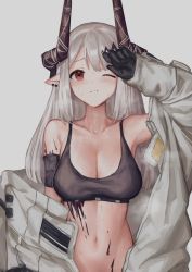 Rule 34 | 1girl, arknights, arm up, armband, bare shoulders, black gloves, blush, breasts, cleavage, commentary, crop top, gloves, grey background, highres, horns, long hair, looking at viewer, medium breasts, midriff, mudrock (arknights), mudrock (elite ii) (arknights), nashidrop, navel, off shoulder, one eye closed, red eyes, revision, silver hair, simple background, solo, sports bra, stomach, sweat, upper body