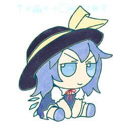 Rule 34 | 1girl, black hat, blue eyes, blue hair, borrowed accessory, cirno, closed mouth, commentary, english commentary, fairy wings, full body, fumo (doll), hat, hat ribbon, ice, ice wings, komeiji koishi, neck ribbon, red ribbon, ribbon, short hair, simple background, sitting, skullchimes, smile, solo, touhou, v-shaped eyebrows, white background, wings, yellow ribbon
