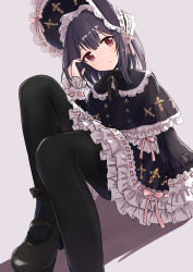Rule 34 | absurdres, black hair, black pantyhose, capelet, commentary, eluthel, frilled hat, frilled skirt, frills, gothic lolita, hat, highres, idolmaster, idolmaster shiny colors, lolita fashion, looking at viewer, mary janes, medium hair, morino rinze, pantyhose, red eyes, shoes, sitting, skirt, solo