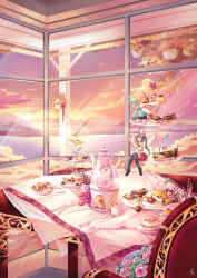 Rule 34 | 2girls, absurdres, aqua eyes, black hair, black legwear, bouquet, cake, chair, chocolate, cloud, cupcake, dated, fairy, flower, food, fork, green eyes, green hair, highres, jpeg artifacts, light rays, liy093275411, macaron, mini person, minigirl, multiple girls, orange eyes, original, pastry, pink flower, pink rose, plant, pointy ears, ponytail, pudding, rose, shorts, sky, spoon, sunbeam, sunlight, sunset, sweets, table, tablecloth, tea, teapot, thighhighs, tiered tray, tray, vines, wafer stick, window, wings