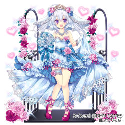 Rule 34 | bare shoulders, blue bow, blue dress, bow, breasts, bridal veil, copyright name, dmm, dress, flower, gloves, heart, long hair, nonno, official art, pink footwear, purple eyes, resolution mismatch, silver hair, skirt hold, small breasts, solo, source larger, sparkle, standing, thigh strap, tiara, tokinon, veil, watermark, white gloves, x-overd