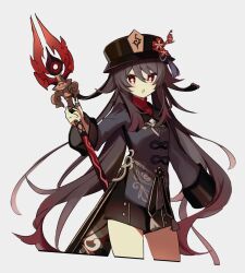 Rule 34 | 1girl, black nails, blue ribbon, brown coat, brown hair, brown hat, brown shorts, coat, coattails, cropped legs, flower, genshin impact, hair between eyes, hair flaps, hat, hat flower, hat ribbon, hat tassel, highres, holding, holding polearm, holding weapon, hu tao (genshin impact), jewelry, long hair, long sleeves, looking at viewer, low twintails, merry-san, multiple rings, open mouth, plum blossoms, polearm, red eyes, red flower, red shirt, ribbon, ring, shirt, shorts, sidelocks, simple background, solo, staff of homa (genshin impact), talisman, tassel, twintails, very long hair, weapon, white background