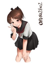 Rule 34 | 1girl, bent over, black sailor collar, black skirt, brown eyes, brown hair, cropped legs, grin, hand on own knee, highres, kantai collection, koito (8a2be2), looking at viewer, one-hour drawing challenge, pleated skirt, ponytail, sailor collar, school uniform, serafuku, shikinami (kancolle), shikinami kai ni (kancolle), short hair, simple background, skirt, smile, solo, v, white background