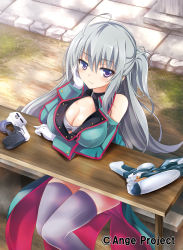 Rule 34 | 1girl, absurdres, ahoge, ange vierge, bare shoulders, breasts, cleavage, commentary request, highres, kurowana, large breasts, looking at viewer, nya lapucea, silver hair, solo