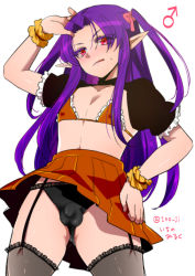 Rule 34 | 1boy, bikini, black panties, bow, bulge, collarbone, frills, from below, garter straps, hair bow, highres, ichino (ichinon), lace trim, original, panties, penis in swimsuit, pink bow, pleated skirt, pointy ears, purple hair, red eyes, scrunchie, shrug (clothing), simple background, skirt, solo, swimsuit, thighhighs, trap, underwear, white background