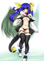 Rule 34 | 1girl, absurdres, arc system works, asymmetrical wings, bare shoulders, blue hair, blush, breasts, cleavage, dizzy (guilty gear), guilty gear, hair ribbon, highres, huge breasts, l apple, lappuru, legs, navel, panties, red eyes, ribbon, solo, tail, tail ornament, tail ribbon, thighhighs, twintails, underwear, wings