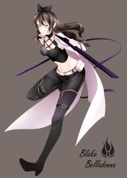 Rule 34 | 1girl, belt, black footwear, black hair, black thighhighs, blake belladonna, boots, bow, breasts, brown hair, character name, cleavage, groin, hair bow, inu0831, midriff, navel, pants, rwby, solo, thigh boots, thighhighs, yellow eyes