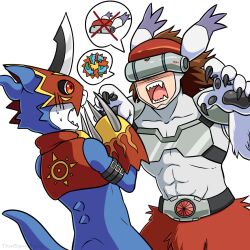 Rule 34 | 1boy, abs, animal ears, armor, artist name, belt, bird legs, black belt, blue tail, bodysuit, brown hair, cat ears, chest guard, claw pose, claws, commentary, covered collarbone, covered eyes, digimon, digimon (creature), fangs, feathered wings, fladramon, flame print, groin, head-mounted display, helmet, highres, horns, isso (thatsquirrelly), looking at another, male focus, medium hair, open mouth, oversized limbs, pawpads, red eyes, sharp teeth, shoulder pads, silphymon, simple background, single horn, standing, sweat, teeth, white background, white bodysuit, winged arms, wings