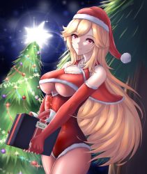 Rule 34 | 1girl, absurdres, alternate costume, artist name, azur lane, bare shoulders, bauble, box, breasts, capelet, christmas, christmas ornaments, christmas tree, cleavage cutout, clothing cutout, elbow gloves, fingerless gloves, fur-trimmed headwear, fur trim, gift, gift box, gloves, hat, highres, holding, holding gift, leotard, long hair, looking at viewer, musanix, orange hair, pink eyes, red capelet, red gloves, red leotard, richelieu (azur lane), santa costume, santa gloves, santa hat, solo, standing, thighs, underboob, underboob cutout