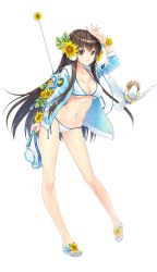 Rule 34 | 1girl, bikini, bird, breasts, brown eyes, brown hair, cleavage, flower, formation girls, full body, goggles, hair flower, hair ornament, highres, holding, holding goggles, kagachi saku, kazehaya yayoi, large breasts, long hair, looking at viewer, navel, official art, pigeon, sandals, sidelocks, smile, solo, stomach, sunflower, swimsuit, transparent background, white bikini, white footwear