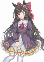 Rule 34 | 1girl, animal ears, ascot, blush, bow, breasts, closed mouth, daiichi ruby (umamusume), dress, drill hair, ear ornament, flower, frilled dress, frills, gothic lolita, hair bow, hair flower, hair ornament, highres, horse ears, horse girl, horse tail, lolita fashion, long hair, looking at viewer, oshage (osyage921), pantyhose, parted bangs, puffy sleeves, purple eyes, red ascot, simple background, small breasts, solo, tail, twin drills, umamusume, white background, white pantyhose