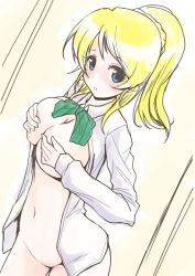Rule 34 | 10s, 1girl, ayase eli, blonde hair, blue eyes, blush, breasts, cleavage, covering privates, covering breasts, dress shirt, frapowa, large breasts, long hair, looking at viewer, love live!, love live! school idol project, naked shirt, ponytail, school uniform, shirt, solo