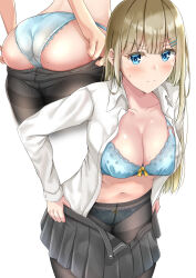 Rule 34 | 1girl, ass, black skirt, blonde hair, blue bra, blue eyes, blue panties, blunt bangs, blush, bow, bow bra, bow panties, bra, breasts, cleavage, closed mouth, clothes pull, collarbone, collared shirt, commentary request, crotch seam, dress shirt, frown, grey skirt, hair ornament, hairclip, highres, lace, lace-trimmed panties, lace trim, leaning forward, long hair, long sleeves, looking at viewer, medium breasts, miniskirt, mole, mole on breast, mole under eye, multiple views, navel, open clothes, open shirt, open skirt, original, panties, panties under pantyhose, pantyhose, pantyhose pull, pleated skirt, pulling own clothes, school uniform, shirt, simple background, skirt, skirt pull, standing, sunsun2812, sweatdrop, thighband pantyhose, underwear, undressing, v-shaped eyebrows, white background, white shirt, wing collar
