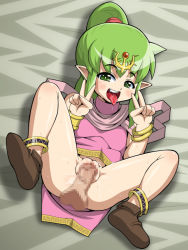 Rule 34 | anklet, ass, bare shoulders, bottomless, censored, disembodied penis, double v, fang, fat mons, fire emblem, fire emblem awakening, genkotsu herajika, green eyes, green hair, hair ornament, half-closed eyes, highres, jewelry, looking at viewer, lying, missionary, mosaic censoring, navel, nintendo, on back, penis, pointy ears, pov, pussy, pussy juice, saliva, sex, smile, spread legs, sweat, t-zok, teeth, tiki (fire emblem), tongue, tongue out, v, vaginal