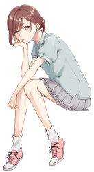 Rule 34 | 1girl, aqua shirt, arm support, braid, brown eyes, brown hair, grey skirt, hair ornament, hairclip, highres, higuchi madoka, idolmaster, idolmaster shiny colors, knees together feet apart, looking at viewer, mitora nao, mole, mole under eye, open mouth, pink footwear, plaid, plaid skirt, pleated skirt, shirt, shoes, short hair, short sleeves, simple background, sitting, skirt, sneakers, socks, solo, swept bangs, tongue, tongue out, white background, white socks, x hair ornament