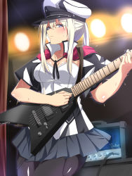 Rule 34 | 1girl, adapted costume, amplifier, black pantyhose, black skirt, blonde hair, breasts, capelet, cowboy shot, electric guitar, graf zeppelin (kancolle), guitar, hair between eyes, hat, highres, holding, holding instrument, instrument, kantai collection, medium breasts, miniskirt, music, pantyhose, peaked cap, playing instrument, pleated skirt, purple eyes, sebunsu, sidelocks, skirt, solo, standing, sweat, twintails
