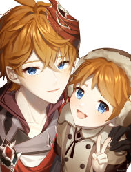 Rule 34 | 2boys, absurdres, black gloves, blue eyes, blush, brown headwear, crossed bangs, fur hat, genshin impact, gloves, hair between eyes, hand on another&#039;s shoulder, hat, highres, jacket, kkopoli, looking at viewer, mask, mask on head, multiple boys, open mouth, orange hair, red scarf, scarf, simple background, tartaglia (genshin impact), teucer (genshin impact), upper body, v, white background