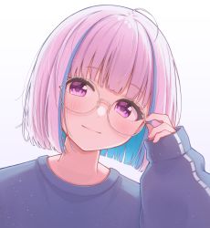 Rule 34 | 1girl, absurdres, blue hair, blunt bangs, blush, closed mouth, ene mizunoawa, glasses, hand on own face, hand up, highres, lize helesta, long sleeves, looking at viewer, multicolored hair, nijisanji, purple eyes, short hair, simple background, smile, solo, two-tone hair, virtual youtuber, white background, white hair