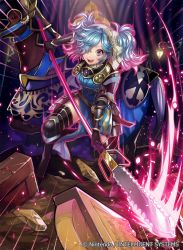 Rule 34 | 1girl, blue hair, boots, bow, company name, fire emblem, fire emblem cipher, fire emblem fates, gloves, hair over one eye, horse, lance, lantern, long hair, matsurika youko, multicolored hair, nintendo, official art, open mouth, peri (fire emblem), pink hair, polearm, short twintails, smile, solo, spear, teeth, thigh boots, thighhighs, twintails, two-tone hair, weapon, zettai ryouiki