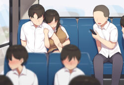 Rule 34 | 1girl, 6+boys, arm grab, blush, breasts, breath, brown eyes, brown vest, bus, bus interior, cellphone, closed mouth, collared shirt, exhibitionism, faceless, faceless male, fingering, heavy breathing, holding, holding phone, indoors, large breasts, looking at another, motor vehicle, multiple boys, no eyes, one eye closed, open mouth, original, pants, pepper0, phone, public indecency, recording, school uniform, shirt, sitting, skirt, smartphone, smile, vest, voyeurism, watching, white shirt