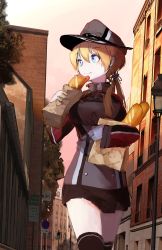 Rule 34 | 10s, 1girl, bad id, bad pixiv id, black skirt, black thighhighs, blonde hair, blue eyes, bread, building, commentary request, eating, food, fujibejifu, gloves, hat, highres, holding, holding food, kantai collection, long sleeves, low twintails, military, military uniform, miniskirt, peaked cap, prinz eugen (kancolle), sandwich, skirt, solo, thighhighs, twintails, uniform, walking, white gloves