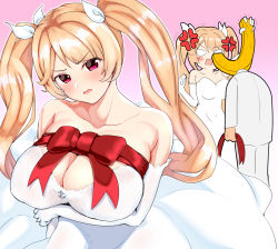 Rule 34 | 1girl, absurdres, anger vein, angry, annoyed, arm under breasts, azur lane, blonde hair, blush, breasts, cleavage, collarbone, commander (azur lane), dress, hair ribbon, highres, large breasts, long hair, looking at viewer, nelson (azur lane), open mouth, pink background, red eyes, ribbon, simple background, twintails, ushimittsu, very long hair, wedding dress, white dress