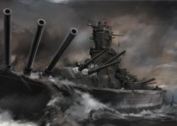 Rule 34 | battleship, blockhead bh, cloud, cloudy sky, dark clouds, dark sky, imperial japanese navy, military, military vehicle, no humans, overcast, real life, ship, sky, storm, turret, vehicle focus, warship, watercraft