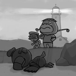 Rule 34 | 3boys, animal crossing, character request, commentary, corncob pipe, english commentary, fishing rod, greyscale, gulliver (animal crossing), hand on own hip, hat, highres, kapp&#039;n (animal crossing), kappa, lighthouse, lying, male focus, monochrome, multiple boys, nintendo, on stomach, outdoors, parody, picture kris, the lighthouse