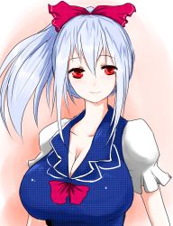 Rule 34 | 1girl, alternate hairstyle, blush, bow, breasts, cleavage, female focus, hair bow, han (jackpot), huge breasts, impossible clothes, impossible shirt, kamishirasawa keine, looking at viewer, no headwear, no headwear, ponytail, red eyes, shirt, short sleeves, silver hair, smile, solo, touhou, upper body, v-neck