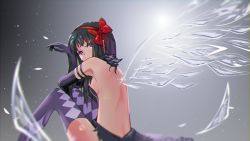 Rule 34 | 1girl, akemi homura, akuma homura, backless dress, backless outfit, bare back, black dress, black gloves, black hair, blurry, blurry foreground, bow, breasts, dannis c, dress, elbow gloves, from behind, gloves, grey background, hair bow, hairband, highres, long hair, looking at viewer, looking back, mahou shoujo madoka magica, mahou shoujo madoka magica: hangyaku no monogatari, pink eyes, purple thighhighs, red bow, red hairband, short dress, sideboob, sitting, sleeveless, sleeveless dress, small breasts, solo, thighhighs, translucent, wings