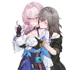 Rule 34 | 2girls, blush, breasts, chestnut mouth, cleavage, closed eyes, closed mouth, gloves, grabbing, grabbing another&#039;s breast, highres, honkai: star rail, honkai (series), jacket, large breasts, march 7th (honkai: star rail), multicolored eyes, multiple girls, partially fingerless gloves, pink hair, stelle (honkai: star rail), tied jacket, trailblazer (honkai: star rail), wktfrv47n, yuri