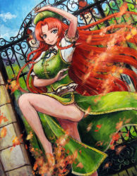Rule 34 | 1girl, blue eyes, braid, female focus, fighting stance, gate, hat, hong meiling, legs, long hair, long legs, md5 mismatch, oil painting (medium), painting (medium), red hair, resolution mismatch, scarlet devil mansion, solo, source larger, tafuto, thighs, touhou, traditional media, twin braids