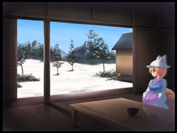 Rule 34 | 1girl, animal hat, blush, bowl, building, fox tail, garden, hands in pockets, hat, hat with ears, highres, kitsune, kyuubi, liya, long sleeves, looking outside, mob cap, mountain, multiple tails, open door, red eyes, reflection, sitting, snow, solo, tabard, table, tail, touhou, tree, white background, wide sleeves, winter, wooden floor, yakumo ran