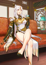 Rule 34 | 1girl, absurdres, azasuke, bare legs, black footwear, black gloves, breasts, china dress, chinese clothes, couch, crossed legs, cup, dress, elbow gloves, finger cots, genshin impact, gloves, hair ornament, hair stick, high heels, highres, holding, holding cup, holding smoking pipe, kiseru, large breasts, long hair, ningguang (genshin impact), parted lips, red eyes, revision, sitting, smile, smoking pipe, solo, tassel, white dress, white hair