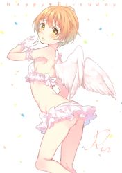 Rule 34 | 10s, 1girl, angel wings, ass, bad id, bad twitter id, bare shoulders, bow, bra, breasts, character name, frilled bra, frills, gloves, happy birthday, hoshizora rin, looking at viewer, love live!, love live! school idol project, miniskirt, nerunnn, open mouth, orange hair, short hair, simple background, skirt, small breasts, solo, underwear, white gloves, wings, yellow eyes