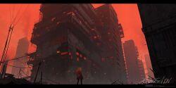 Rule 34 | 1girl, abandoned, blue eyes, building, city, cityscape, commentary request, copyright name, fog, from behind, letterboxed, looking at viewer, looking back, neon genesis evangelion, nid417, orange hair, outdoors, plugsuit, ponytail, post-apocalypse, power lines, red sky, ruins, scenery, sky, skyscraper, solo, souryuu asuka langley, utility pole, watermark, wide shot