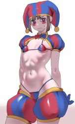 Rule 34 | 1girl, asymmetrical gloves, bikini, blue bikini, blue gloves, blue hat, breasts, brown hair, colored skin, gloves, hat, hat bell, highres, jester, jester cap, looking at viewer, mismatched gloves, multicolored clothes, multicolored hat, navel, ohthicc, pomni (the amazing digital circus), red bikini, red eyes, red gloves, red hat, small breasts, solo, striped clothes, striped headwear, sweatdrop, swimsuit, the amazing digital circus, two-tone bikini, two-tone eyes, vertical-striped clothes, vertical-striped headwear, white skin