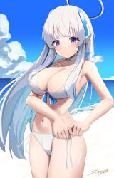 Rule 34 | 1girl, absurdres, akinoji (akiponpon27), bikini, blue archive, blush, breasts, commentary request, halo, highres, large breasts, long hair, navel, noa (blue archive), open mouth, partial commentary, purple eyes, side-tie bikini bottom, solo, swimsuit, white bikini, white hair