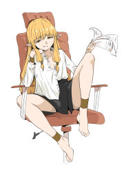 Rule 34 | 1girl, absurdres, anklet, barefoot, blonde hair, chair, collarbone, elf, evil smile, hair tubes, highres, holding, holding paper, jewelry, long hair, long sleeves, looking at viewer, mangpum (taro109210), office chair, paper, pointy ears, serie (sousou no frieren), shirt, simple background, sitting, skirt, smile, solo, sousou no frieren, spread legs, swivel chair, toes, white background, yellow eyes