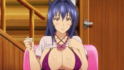 Rule 34 | 1girl, alcohol, animated, animated gif, answering, bangs, between breasts, bikini, blue hair, blush, bouncing breasts, breasts, cellphone, chair, cleavage, cleavage reach, cup, edited, female focus, hair between eyes, holding, holding cup, holding phone, huge breasts, indoors, jiggle, long hair, looking at viewer, loop, maken-ki!, maken-ki! two, nijou aki, nipples, phone, purple bikini, purple eyes, reaching, shirt lift, sitting, smile, solo, string bikini, swimsuit, takami akio, third-party edit, tight, upper body, xebec