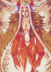 Rule 34 | 1girl, breasts, closed mouth, dress, facial mark, final fantasy, final fantasy viii, horns, jewelry, lipstick, long hair, looking at viewer, makeup, necklace, noie (neunteedelstein), silver hair, simple background, solo, tattoo, ultimecia, yellow eyes