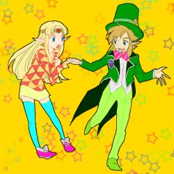 Rule 34 | 1boy, 1girl, bad id, bad twitter id, badge, blonde hair, blue eyes, blue thighhighs, bow, bowtie, casual, contemporary, earrings, formal, full body, hat, hirumae, holding hands, jewelry, link, long hair, nintendo, pointy ears, princess zelda, smile, striped bow, striped bowtie, striped clothes, suit, the legend of zelda, the legend of zelda: a link between worlds, thighhighs, tiara, top hat, traditional bowtie