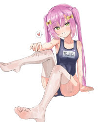 Rule 34 | 1girl, absurdres, adjusting clothes, adjusting legwear, aged down, arm support, bare arms, black one-piece swimsuit, blush, bow, breasts, collarbone, commentary, crossed bangs, eyelashes, feet, foreshortening, full body, green eyes, grin, hair between eyes, hair bow, head tilt, heart, heart-shaped pupils, highres, knees up, leg up, long hair, looking at viewer, no shoes, official alternate hairstyle, one-piece swimsuit, pink hair, school swimsuit, seductive smile, sidelocks, simple background, small breasts, smile, soles, solo, speech bubble, spoken heart, straight hair, swimsuit, symbol-shaped pupils, tanikaze amane, tenshi souzou re-boot!, thighs, tsurime, twintails, very long hair, west gon, wet, wet clothes, wet swimsuit, wet thighhighs, white background, yellow bow
