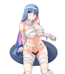 Rule 34 | 1girl, ankh, artist request, bandages, blue eyes, blue hair, breasts, cleavage, closed mouth, colored inner hair, earrings, full body, groin, highres, jewelry, large breasts, long hair, looking at viewer, maebari, multicolored hair, mummy costume, naked bandage, navel, panty &amp; stocking with garterbelt, solo, stocking (psg), third-party source, two-tone hair