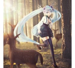 Rule 34 | 1girl, alternate costume, alternate eye color, alternate hair color, animal, antlers, baka-chanlove, black skirt, black thighhighs, blue eyes, blue hair, blurry, bow, buttons, deer, female focus, floating hair, flower, forest, frills, hair flower, hair ornament, hatsune miku, highres, horns, loafers, looking at viewer, matching hair/eyes, mikumikudance, nature, outdoors, rose, shoes, skirt, solo, standing, standing on one leg, suspenders, thighhighs, tree, twintails, vocaloid