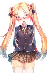 Rule 34 | 1girl, abigail williams (fate), alternate hairstyle, arms behind back, bespectacled, black bow, black jacket, blazer, blonde hair, blue eyes, blush, bow, brown skirt, collared shirt, dress shirt, fate/grand order, fate (series), forehead, glasses, hair bow, hair ornament, hairclip, highres, jacket, long hair, long sleeves, neck ribbon, nose blush, open mouth, orange bow, parted bangs, plaid, plaid skirt, polka dot, polka dot bow, red-framed eyewear, red ribbon, ribbon, semi-rimless eyewear, shirt, silly (marinkomoe), skirt, solo, star (symbol), star hair ornament, stuffed animal, stuffed toy, teddy bear, thighhighs, tongue, twintails, under-rim eyewear, very long hair, white shirt, white thighhighs